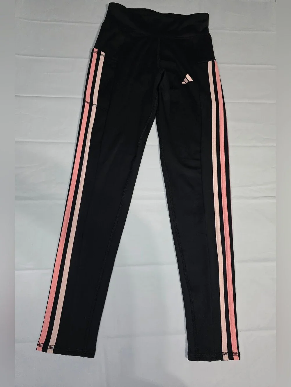 Adidas Big Girls Black High-Waist Leggings with‎ Pink Stripes